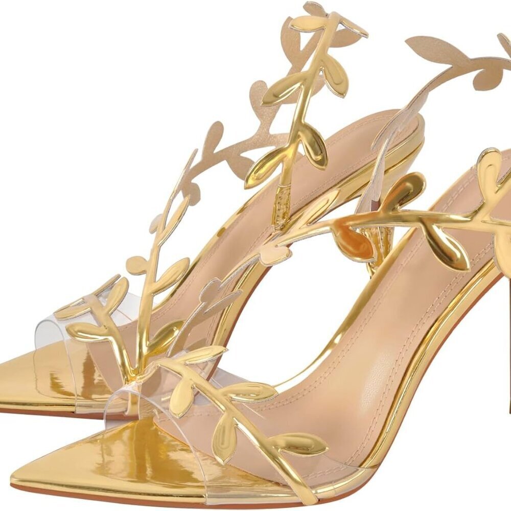 Women’s Clear Gold Heeled Shoes Open Toe Strappy Slingback Stiletto